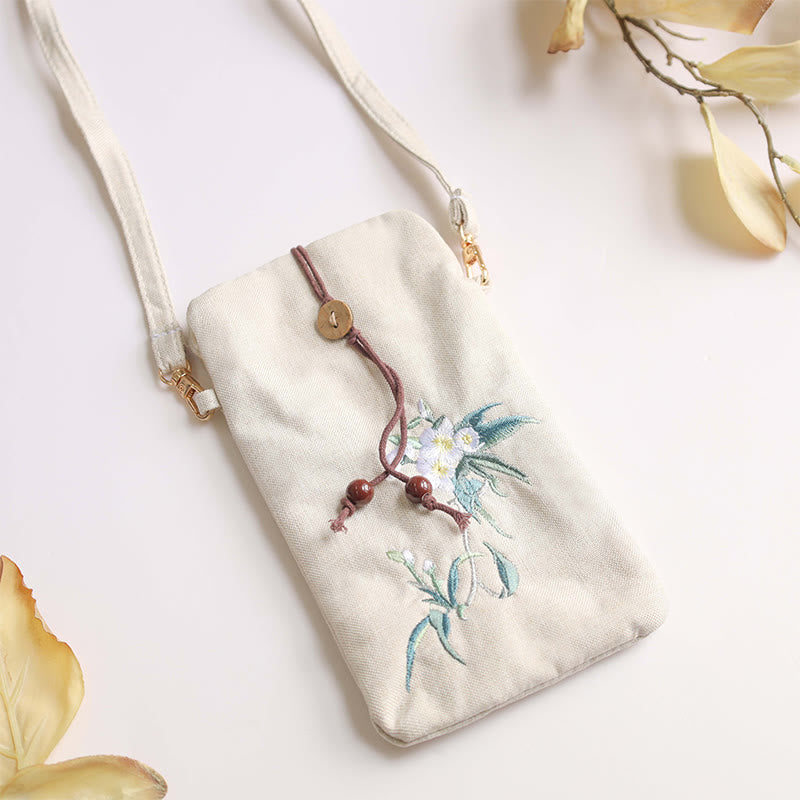Buddha Stones Small Embroidered Flowers Crossbody Bag Shoulder Bag Cellphone Bag 11*20cm Crossbody Bag BS 14