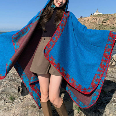 Buddha Stones Tibetan Shawl Border Small Floral Flower Hooded Cloak Winter Cozy Travel Scarf Wrap Tibetan Shawl BS 17
