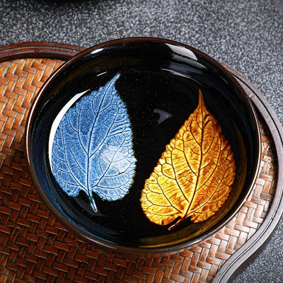 Buddha Stones Gold Maple Leaf Chinese Jianzhan Ceramic Teacup Tenmoku Kung Fu Tea Cup Bowl Jian Zhan Tea Cup BS 15