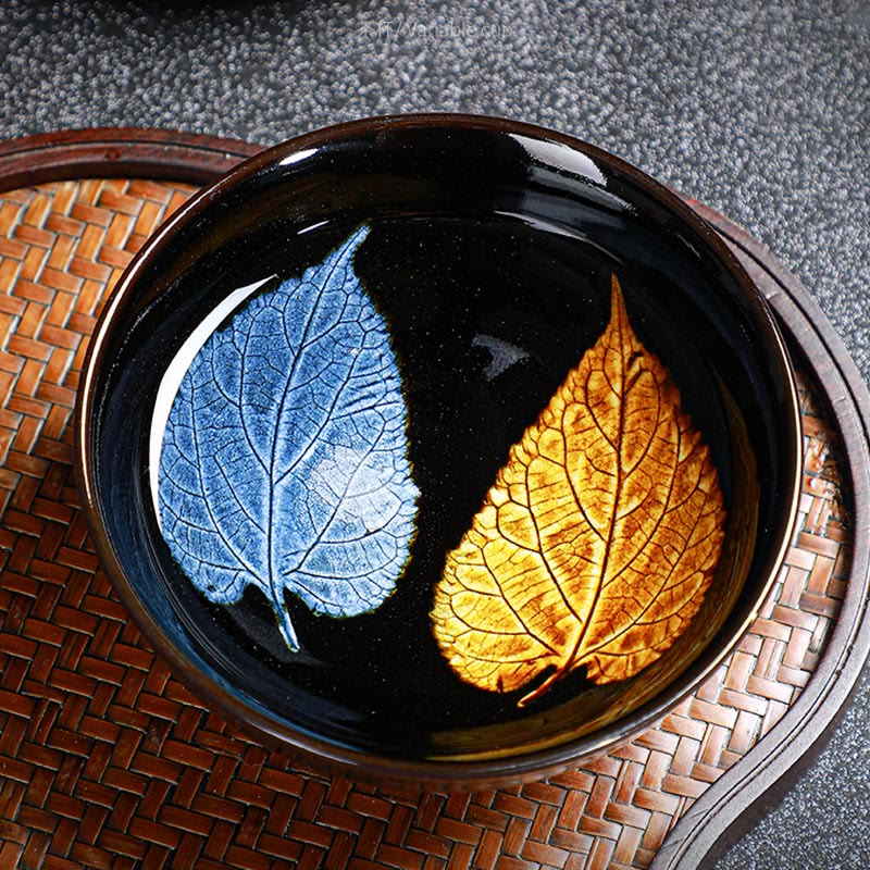 Buddha Stones Gold Maple Leaf Chinese Jianzhan Ceramic Teacup Tenmoku Kung Fu Tea Cup Bowl Jian Zhan Tea Cup BS 15