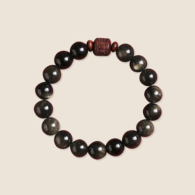 Buddha Stones Natural Gold Sheen Obsidian Rainbow Obsidian Om Mani Padme Hum Fu Character Healing Bracelet Bracelet BS 11