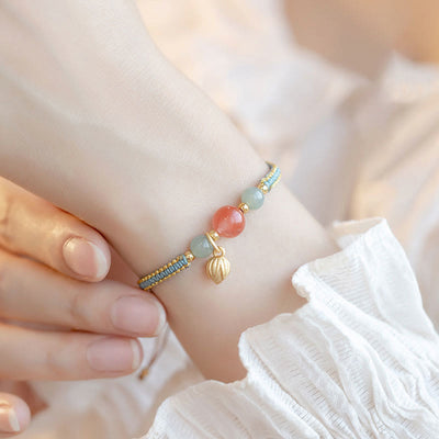 Buddha Stones Red Agate Jade Lotus Confidence Calm String Bracelet