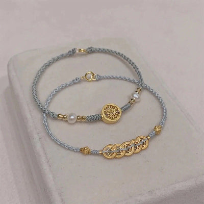 Buddha Stones Copper Coin Fortune Tree Pearl Luck Blue Rope Braided Bracelet Bracelet BS main