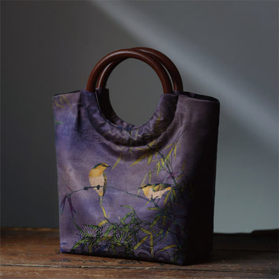 Buddha Stones Peony Flower Bamboo Leaves Bird Solid Wood Handle Handbag Handbags BS Violet Bamboo Bird 22*19*11cm