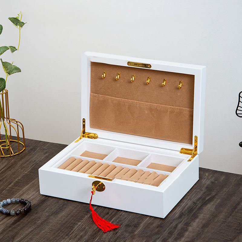 Buddha Stones Vintage Wooden Jewelry Box Two-Layer Solid Wood Jewelry Storage Box Jewelry Box BS White-Hook Style 29*19*9cm