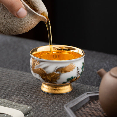 Buddha Stones Golden Eagle Auspicious Dragon Sun Ocean Waves Gilt Ceramic Teacup Kung Fu Tea Cup Cup BS 2
