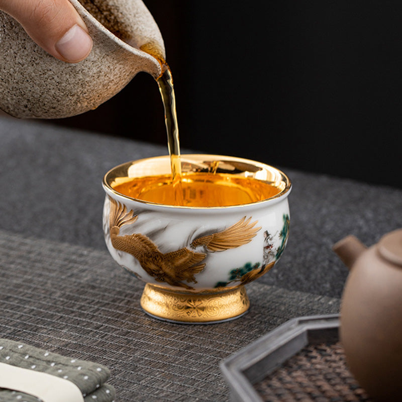 Buddha Stones Golden Eagle Auspicious Dragon Sun Ocean Waves Gilt Ceramic Teacup Kung Fu Tea Cup Cup BS 2