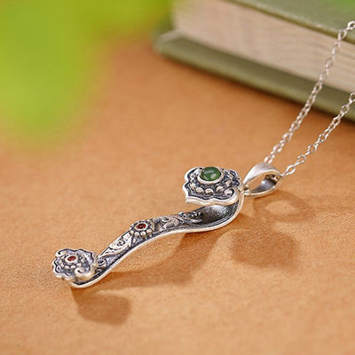 Buddha Stones 925 Sterling Silver Red Agate Cyan Jade Auspicious Clouds Ruyi Handle Blessing Necklace Pendant Necklaces & Pendants BS 9