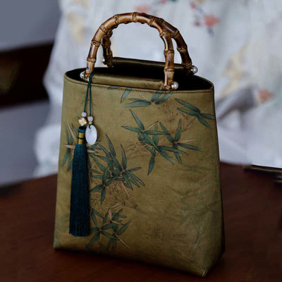 Buddha Stones Yellow Green Bamboo Leaves Bamboo Handles Handbag Handbags BS 6