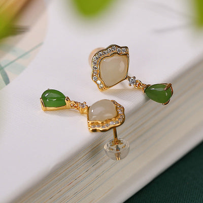 Buddha Stones White Jade Cyan Jade Fan Water Drop Pattern Luck Drop Earrings Earrings BS 4