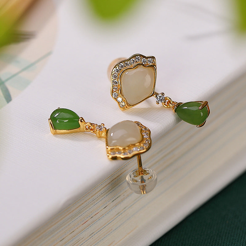 Buddha Stones White Jade Cyan Jade Fan Water Drop Pattern Luck Drop Earrings Earrings BS 4