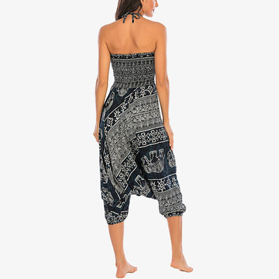 Buddha Stones Two Style Wear Elephant Pattern Loose Smocked Harem Trousers Jumpsuit Women's Yoga Pants Harem Pants&Bodysuit BS 30