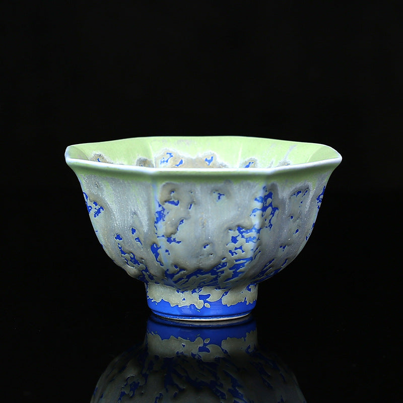 Buddha Stones Retro Blue Red Gradient Lotus Pattern Kiln Change Ceramic Teacup Kung Fu Tea Cup Bowl Cup BS Blue 9cm*5.5cm*120ml