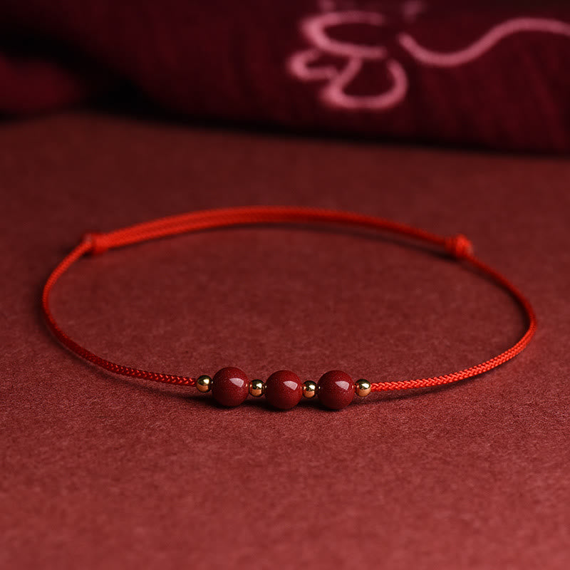 Buddha Stones Natural Lucky Cinnabar Bead Blessing String Bracelet Anklet Bracelet BS Three Cinnabar Bead Red Anklet(Anklet Circumference 21-27cm)
