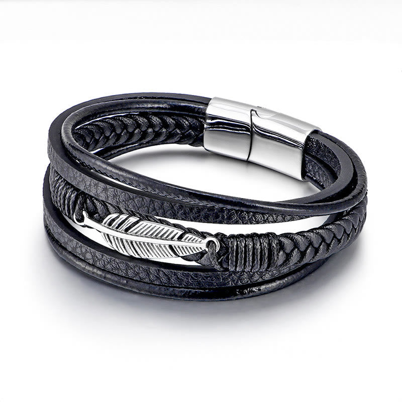 Buddha Stones Feather Pattern Multilayer Leather Titanium Steel Calm Braided Magnetic Buckle Bracelet Bracelet BS 5
