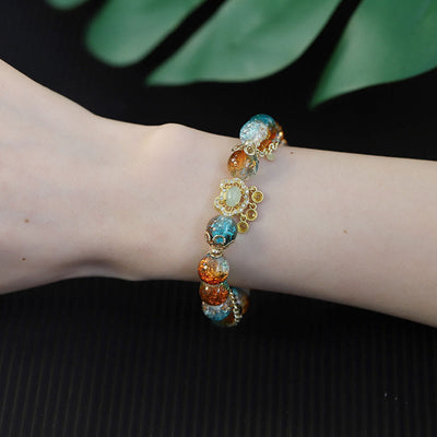 Buddha Stones Colorful Liuli Glass Bead Chinese Lock Charm Fortune Bracelet Bracelet BS 9