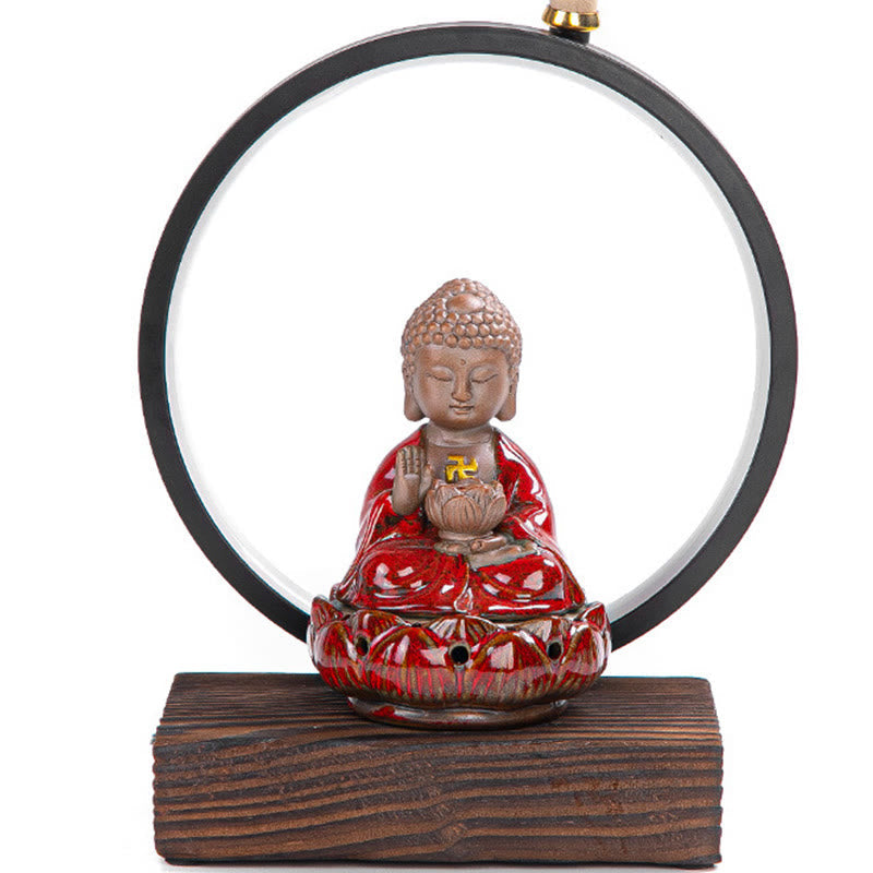 Buddha Stones Buddha Lotus Backflow Smoke Fountain Ceramic Blessing Incense Burner With Light Decoration Incense Burner BS 5