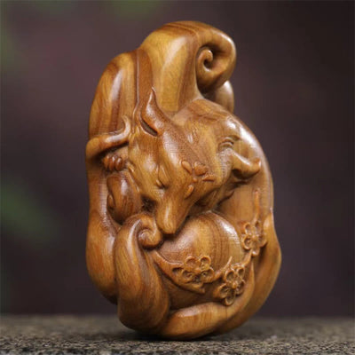 Buddha Stones Mini Nine-Tailed Fox Green Sandalwood Peace Decoration Car Hanging Decoration Decorations BS 1