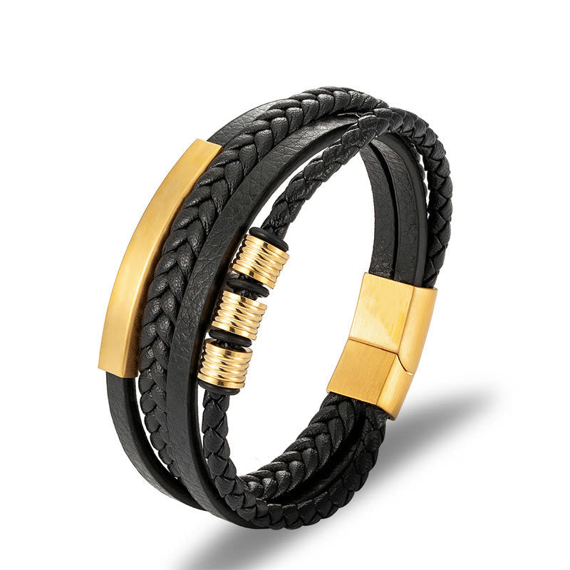 Buddha Stones Leather Multi-Layer Titanium Steel Balance Braided Magnetic Buckle Bracelet Bracelet BS Gold 21.5cm