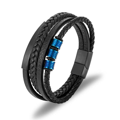 Buddha Stones Leather Multi-Layer Titanium Steel Balance Braided Magnetic Buckle Bracelet Bracelet BS Blue 21.5cm