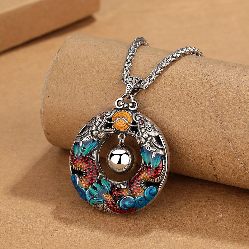Buddha Stones Year of the Dragon Colorful Double Dragons Playing Bead Copper Protection Necklace Pendant Necklaces & Pendants BS Dragon Pendant&Dragon Bone Chain