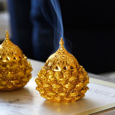Buddha Stones Gold Pine Cone Pattern Spiritual Rituals Mini Incense Burner Home Tabletop Decor Incense Burner BS Gold Pine Cone Mini Incense Burner