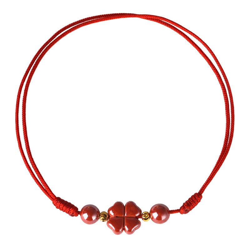 Buddha Stones Four Leaf Clover Cinnabar Blessing Calm String Bracelet Anklet Bracelet BS 19