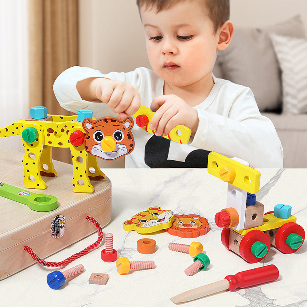 Fidtoy Smart Animal Tool Set | Jouet de construction STEM en bois pour les tout-petits de 3 ans et plus