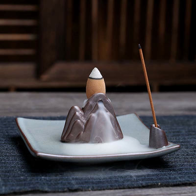 Buddha Stones Lotus Plum Blossom Square Ceramic Spiritual Backflow Incense Burner Incense Burner BS 16