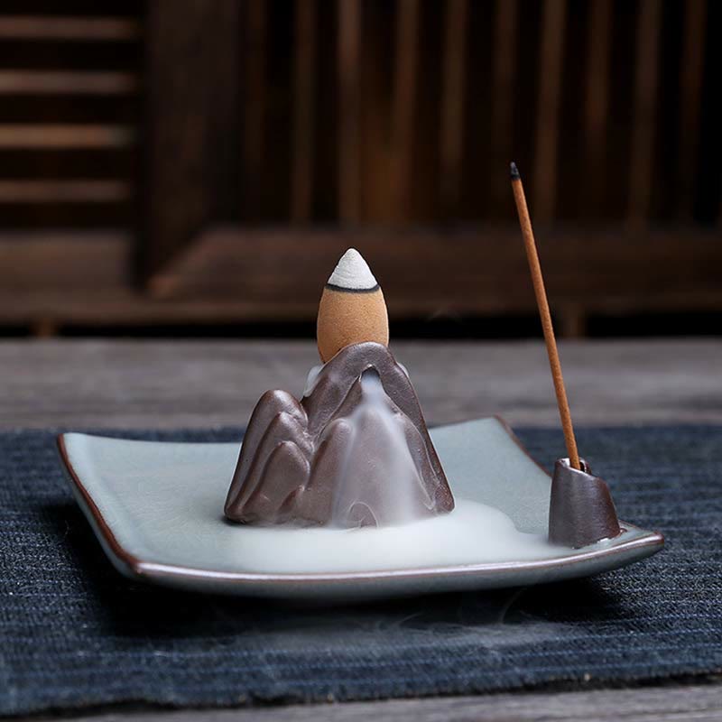 Buddha Stones Lotus Plum Blossom Square Ceramic Spiritual Backflow Incense Burner Incense Burner BS 16