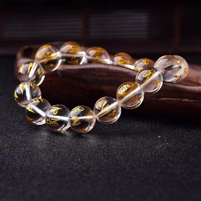 Buddha Stones Tibet White Crystal Black Onyx Om Mani Padme Hum Meditation Bracelet Bracelet BS 14
