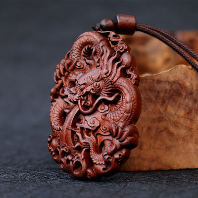 Buddha Stones Lightning Struck Jujube Wood Double Dragon Relief Ward Off Evil Spirits Necklace Pendant 3