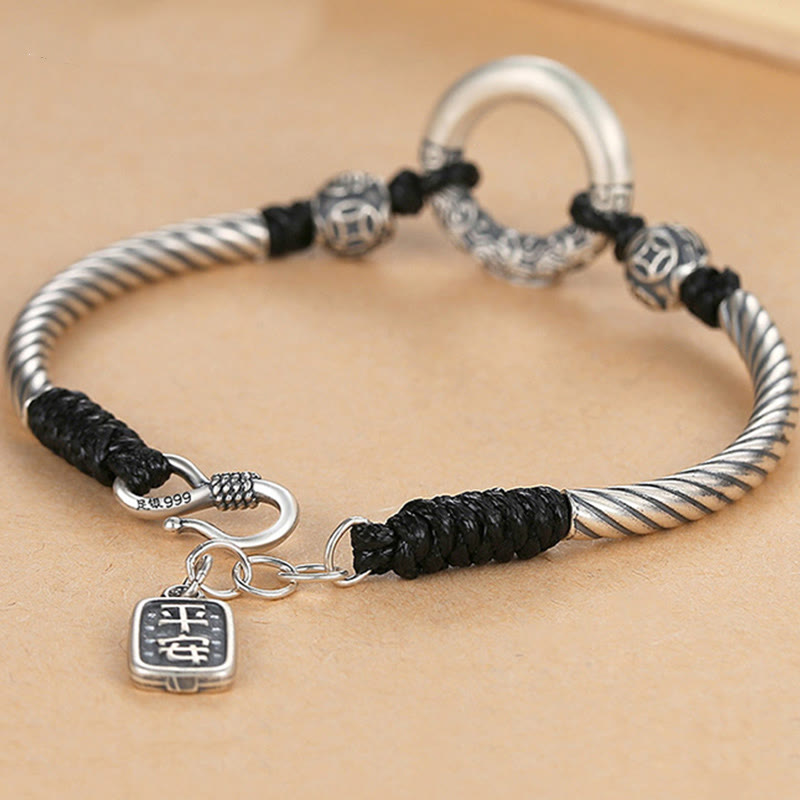 Buddha Stones 999 Sterling Silver Fu Character Peace Buckle Copper Coin Auspicious Clouds Fortune Bracelet Bracelet BS 2