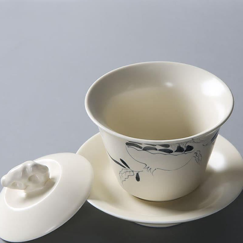 Buddha Stones Hand Painted Pomegranate Hibiscus Pine Lotus Ceramic Gaiwan Sancai Teacup Kung Fu Tea Cup And Saucer With Lid Cup BS 13