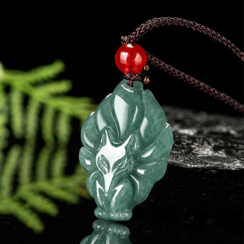 Foviel Natural Green Jade Nine Tailed Fox Luck Necklace Pendant