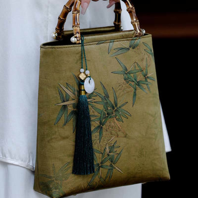 Buddha Stones Yellow Green Bamboo Leaves Bamboo Handles Handbag Handbags BS 11