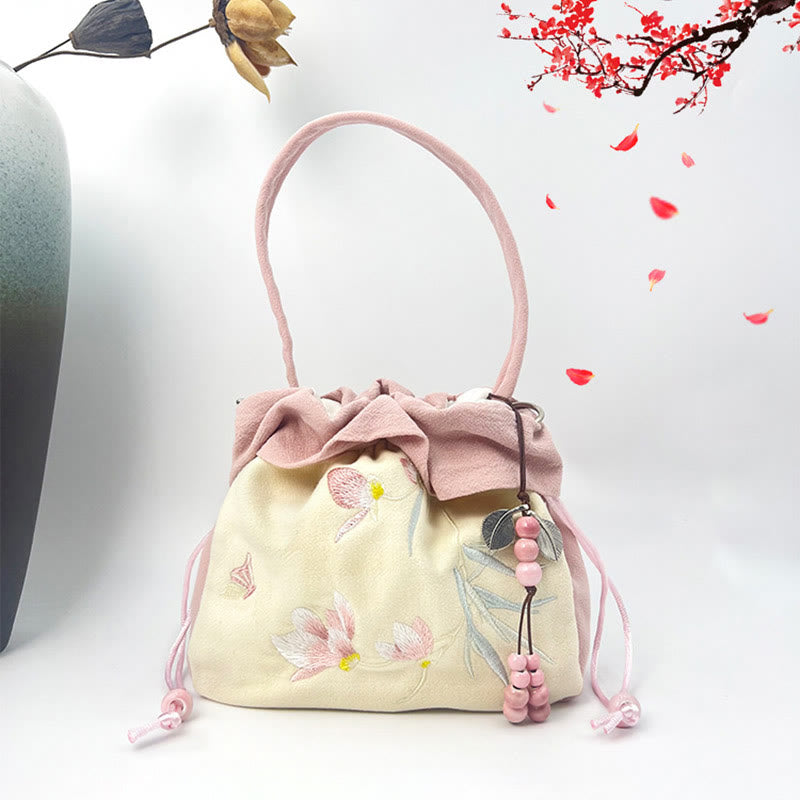 Buddha Stones Suzhou Embroidery Lotus Epiphyllum Magnolia Cotton Linen Tote Crossbody Bag Shoulder Bag Handbag Crossbody Bag BS 25