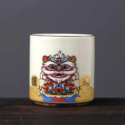 Buddha Stones Vintage Plum Blossom Pine Bamboo Phoenix Kirin Lion Dancing Ceramic Teacup Tea Cups Cup BS Lion Dancing(6.1cm*6.5cm*130ml)