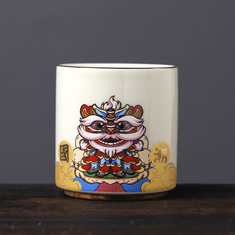 Buddha Stones Vintage Plum Blossom Pine Bamboo Phoenix Kirin Lion Dancing Ceramic Teacup Tea Cups Cup BS Lion Dancing(6.1cm*6.5cm*130ml)