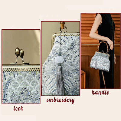 Buddha Stones Silver Lines Bamboo Handle Metal Chain Crossbody Bag Handbags Crossbody Bag&Handbags BS 5