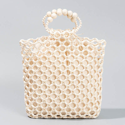 Buddha Stones Hand-woven Fishing Line Braiding Mesh Hollow Wooden Beads Handbag Handbags BS Ivory 30*10*27cm