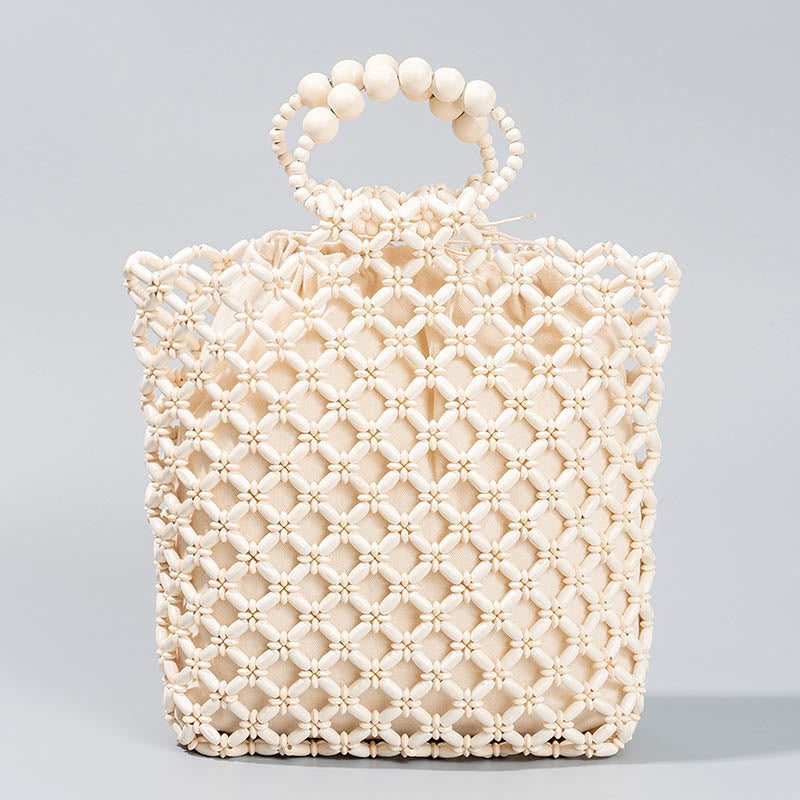 Buddha Stones Hand-woven Fishing Line Braiding Mesh Hollow Wooden Beads Handbag Handbags BS Ivory 30*10*27cm