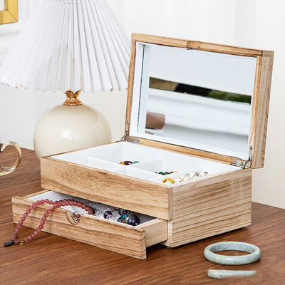 Buddha Stones Retro Beige Wooden Jewelry Box Two-Layer Jewelry Storage Box With Mirror - image 2