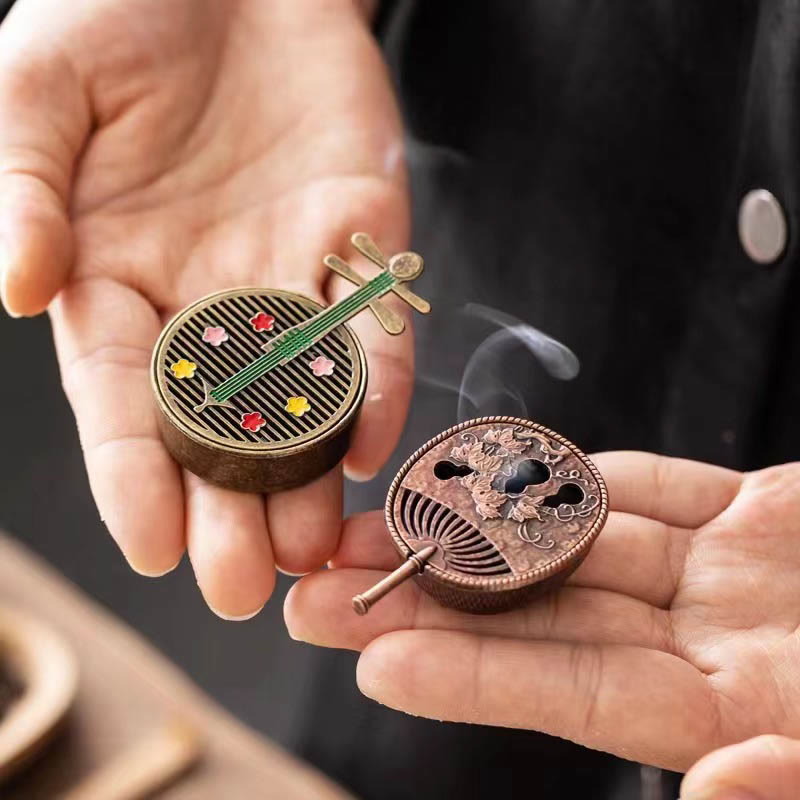 Buddha Stones Small Mini Gourd Fan Pipa Copper Alloy Incense Burner Decoration With Incense Incense Burner BS main