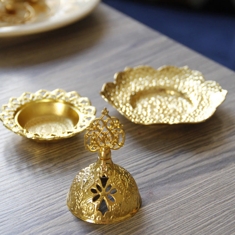 Buddha Stones Gold Leaf Coaster Spiritual Mini Alloy Metal Incense Burner Incense Burner BS 2