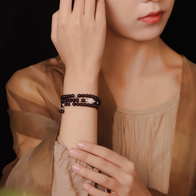 Buddha Stones 925 Sterling Silver Natural Garnet Cat Eye Protection Triple Wrap Bracelet Bracelet BS 8