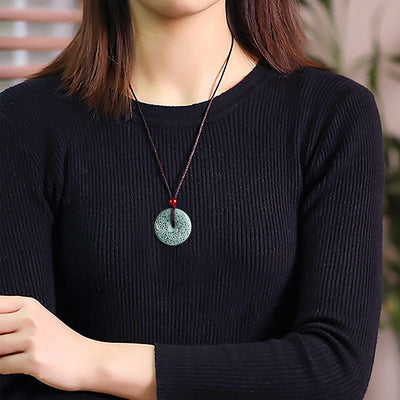 Buddha Stones Green Jade Flower Carved Peace Buckle Abundance Necklace Pendant Necklaces & Pendants BS 10