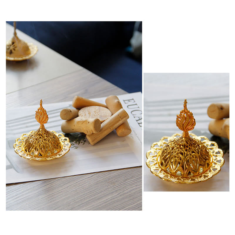 Buddha Stones Gold Alloy Healing Mini Incense Burner With Wooden Coaster Home Decor Incense Burner BS 9