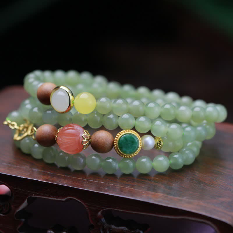 Buddha Stones Natural Hetian Jade Amber Lotus Red Agate Luck Abundance Bracelet Bracelet BS 6