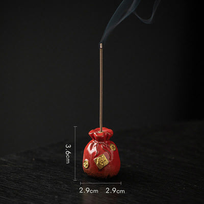 Buddha Stones Small Treasure Bowl Lucky Bag Bagua Tray Healing Ceramic Stick Incense Burner Decoration Incense Burner BS Red Lucky Bag 2.9*2.9*3.6cm